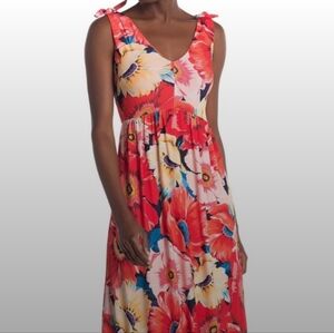T TAHARI FLORAL DRESS WOMEN SZ 12 V NECK MAXI SLEEVELESS ZIP CASUAL VACATION